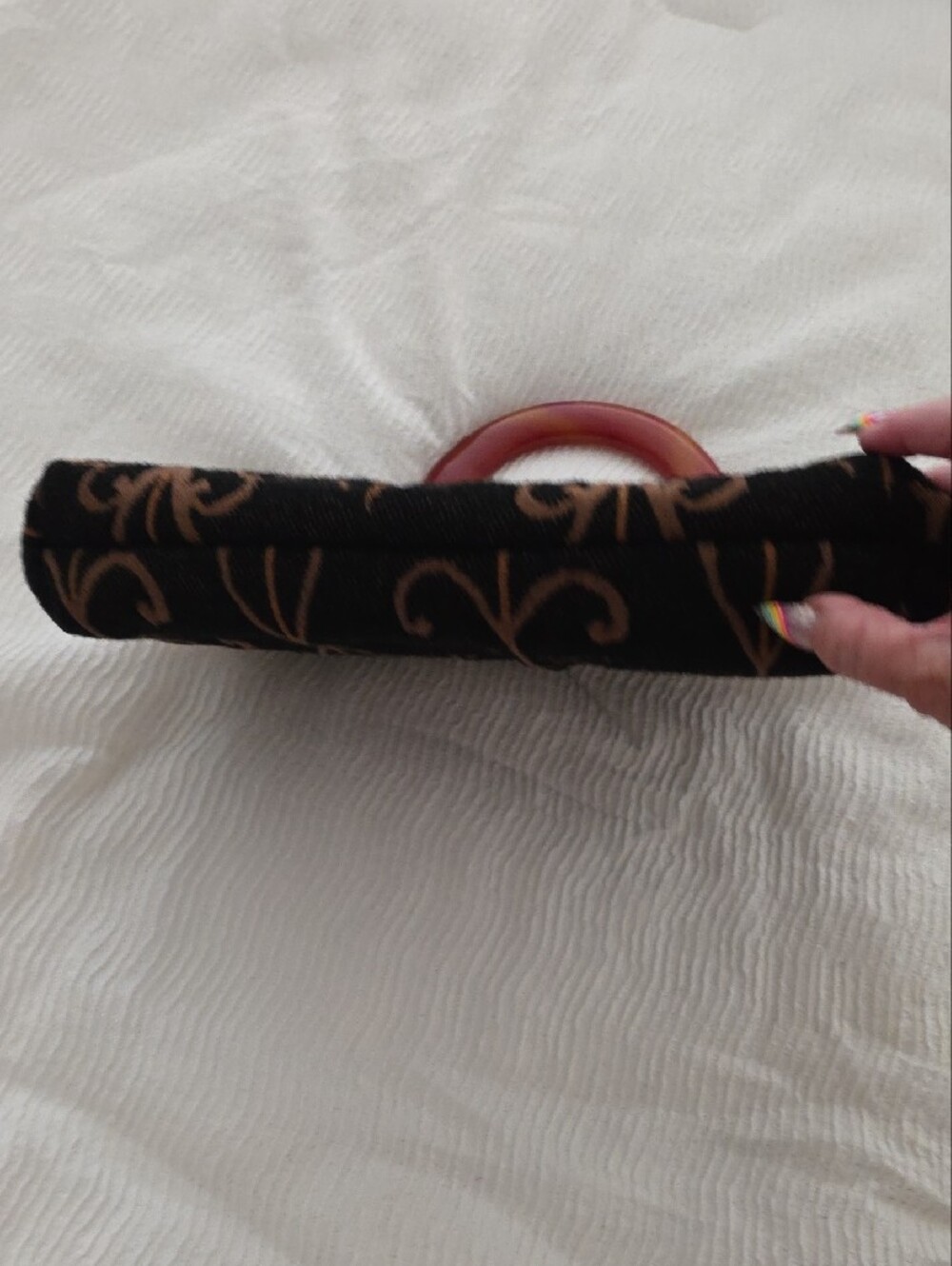 VINTAGE Ingber Black and Brown Patterned Wristlet Clutch with Amber Handle - Picture 10 of 12
